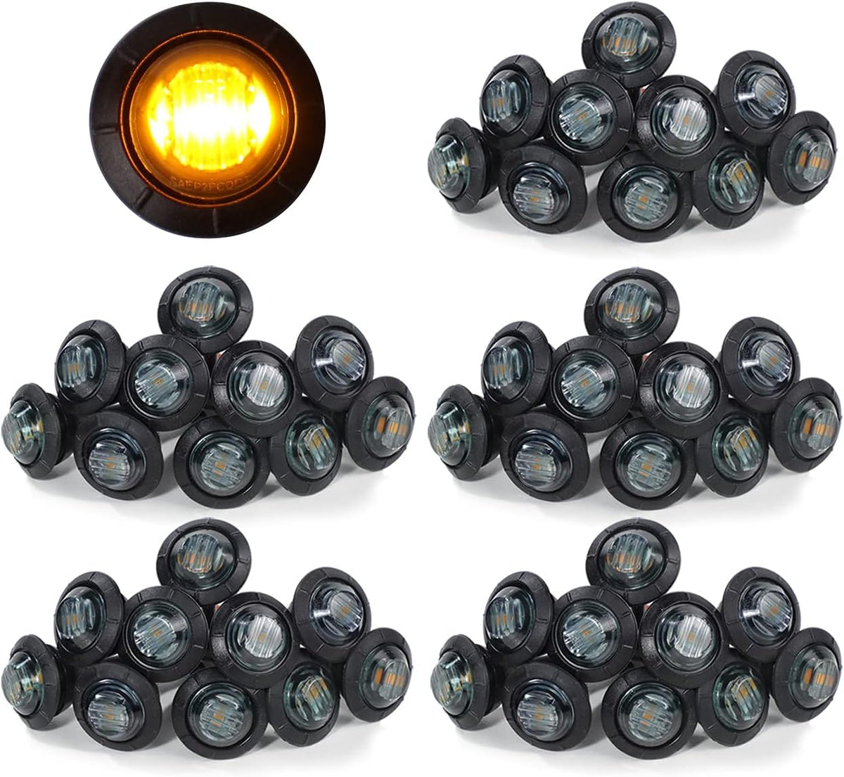 3/4 Inch Amber 3 LED Round Side Marker Indicator Lights with Black Rubbers 12V DC J3116