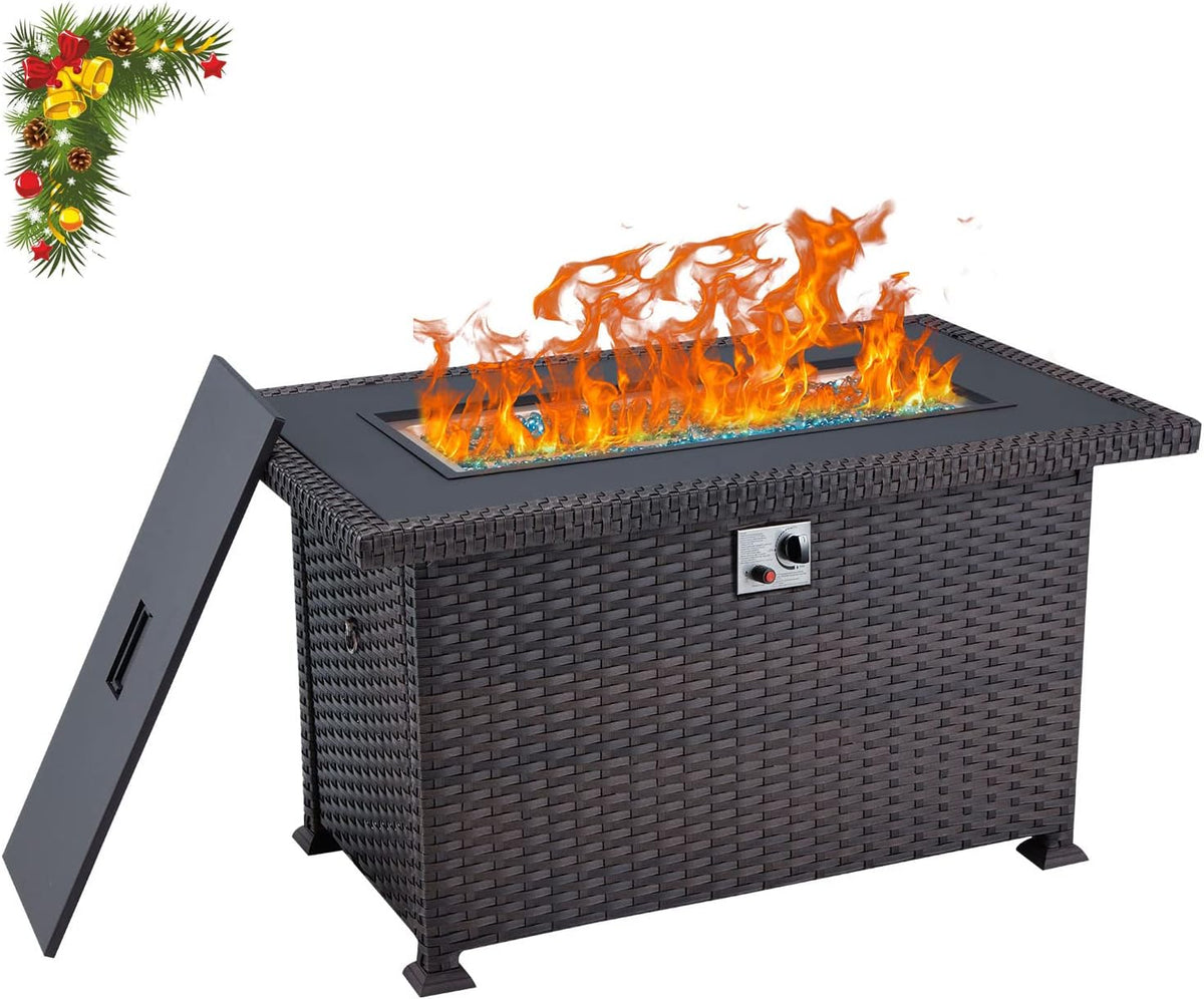 Propane Fire Pit Table 44in 50000BTU Auto-Ignition Smokeless with Cover and Blue Fire Glass Black D692576