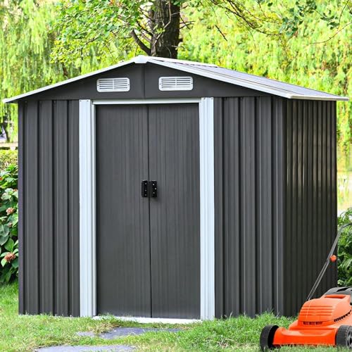 8 x 6FT Grey Metal Outdoor Storage Shed with Sliding Door N1916