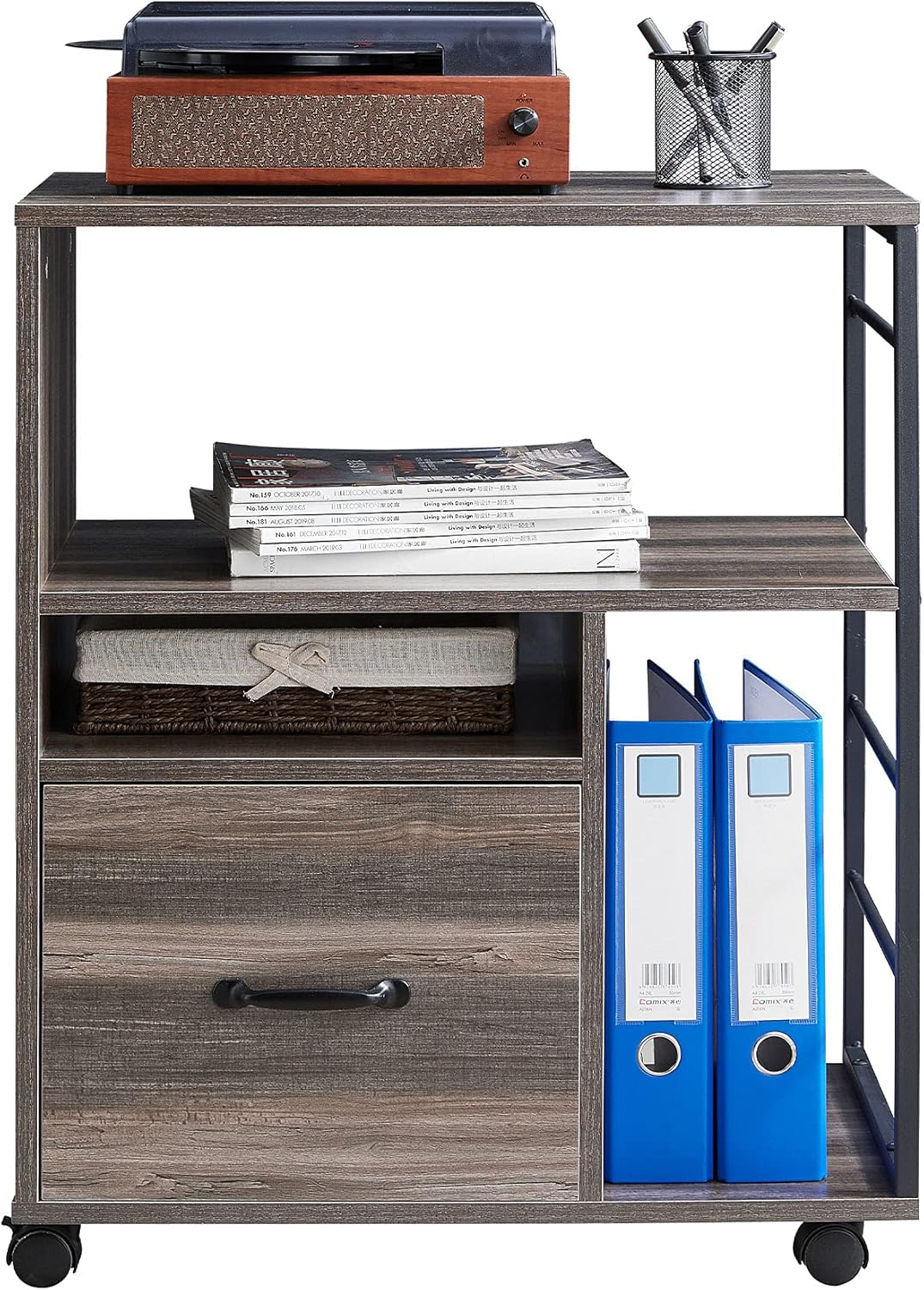 Rolling File Cabinet with Drawer and Open Storage Shelves, Retro Grey J5970