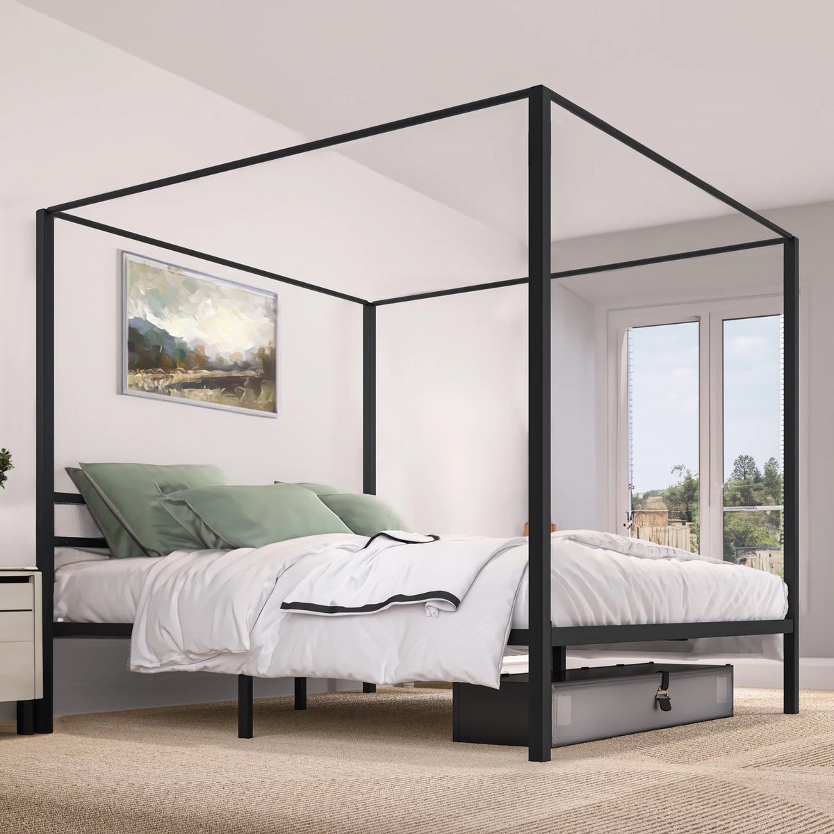 King Size Black Canopy Bed Frame with Headboard X20857