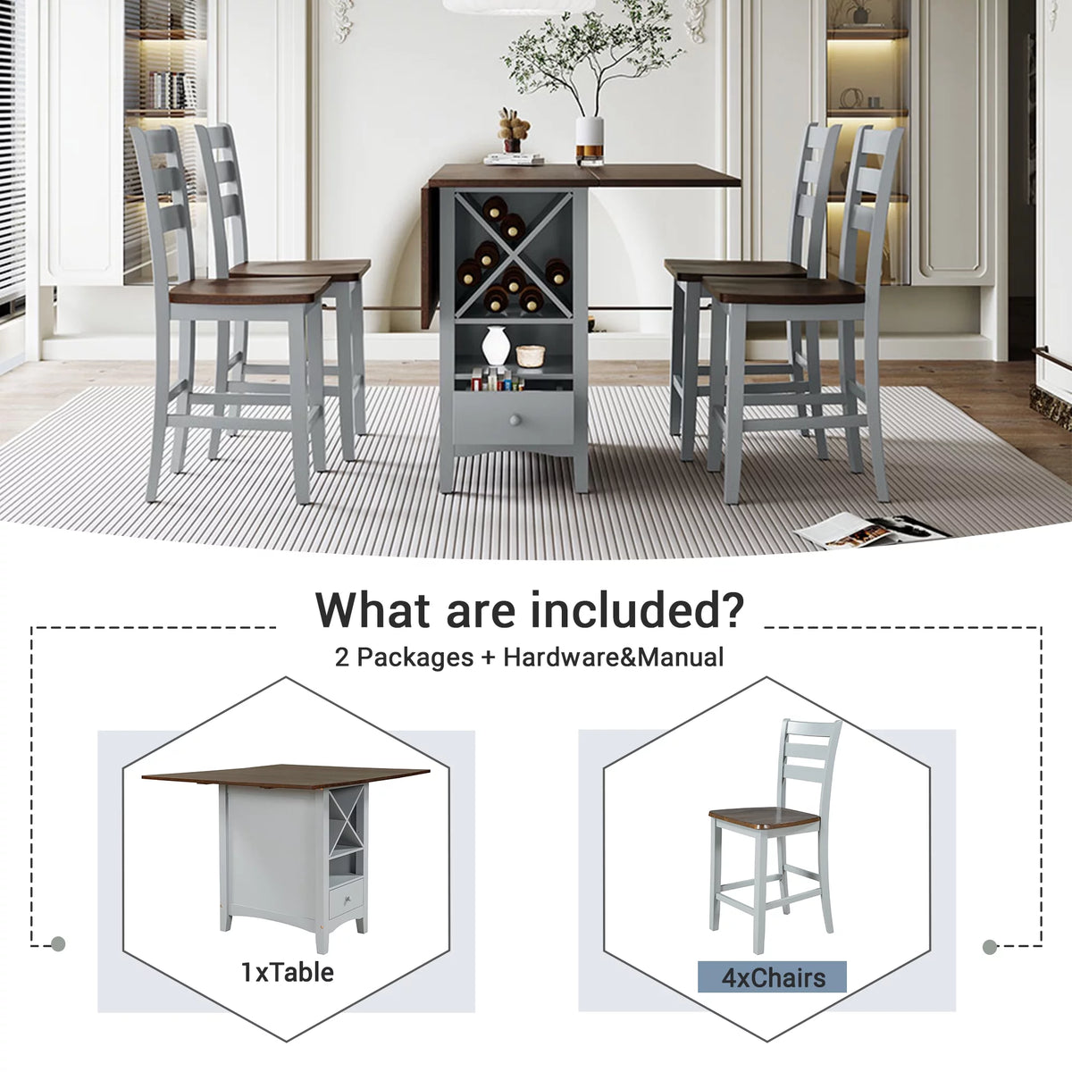 5 Piece Counter Height Dining Set with Wine Rack and Drop Leaf T549