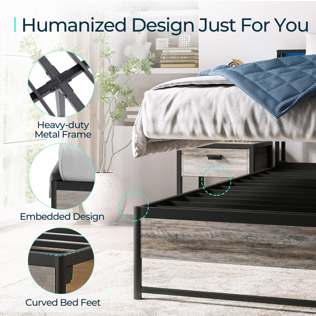 Full Size Metal Platform Bed Frame with Headboard and 3 Storage Shelves X702149