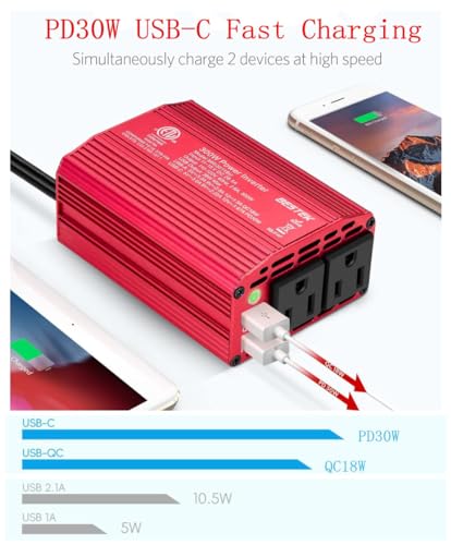 300W Power Inverter DC 12V to 110V AC Converter with USB-C Car Charger K6564
