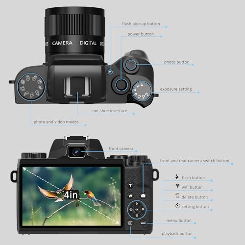 4K 64MP WiFi Touch Screen Digital Camera with Flash, 32GB SD Card, Lens Hood, 3000mAH Battery - Black S518