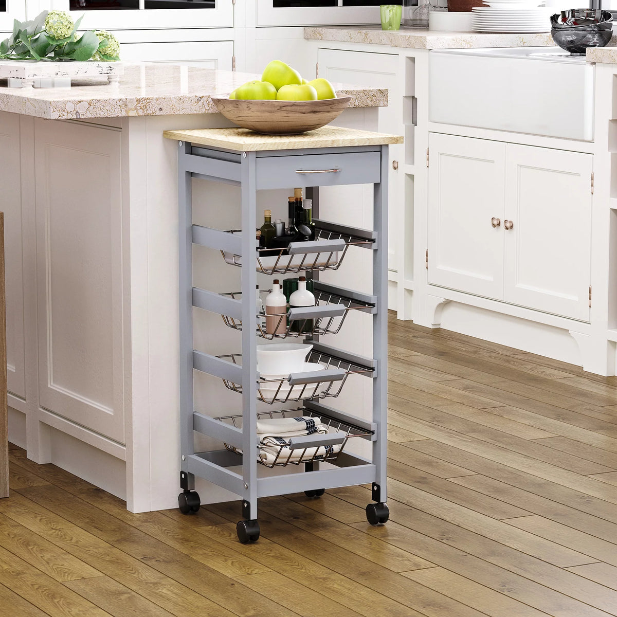 Gray Compact Rolling Kitchen Cart with Storage Drawer O410604