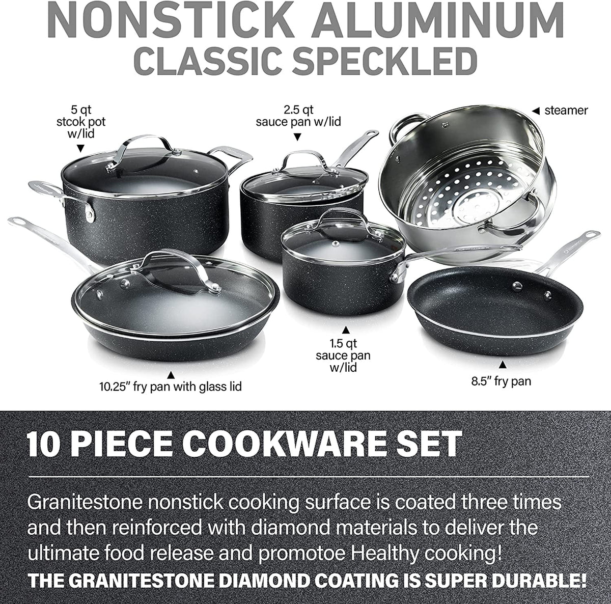 10 Piece Nonstick Granite Cookware Set T145849