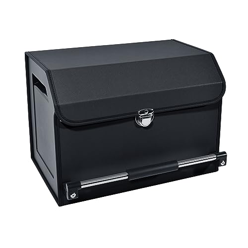 Car Organizer Trunk, Durable Collapsible Leather Trunk Organizer with Lid and Sturdy Handle, Auto Cargo Storage Compartments (11.4 x 27 x 12.2, Black) B958076