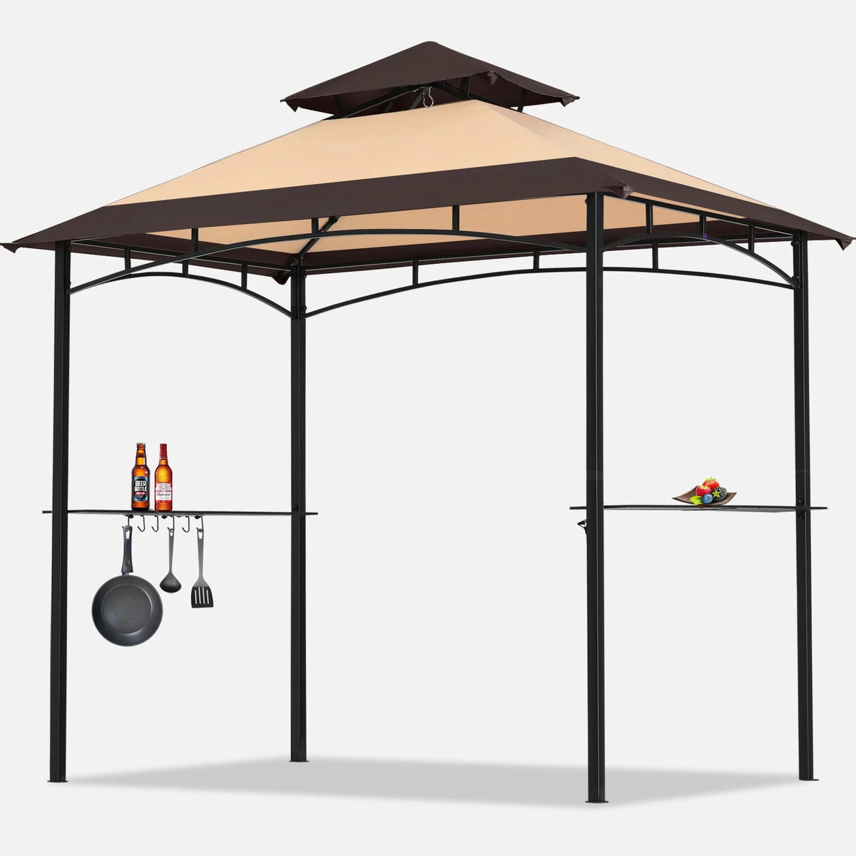 8' x 5' 2-Tiered Grill Gazebo Canopy with 2 LED Lights, Brown D837