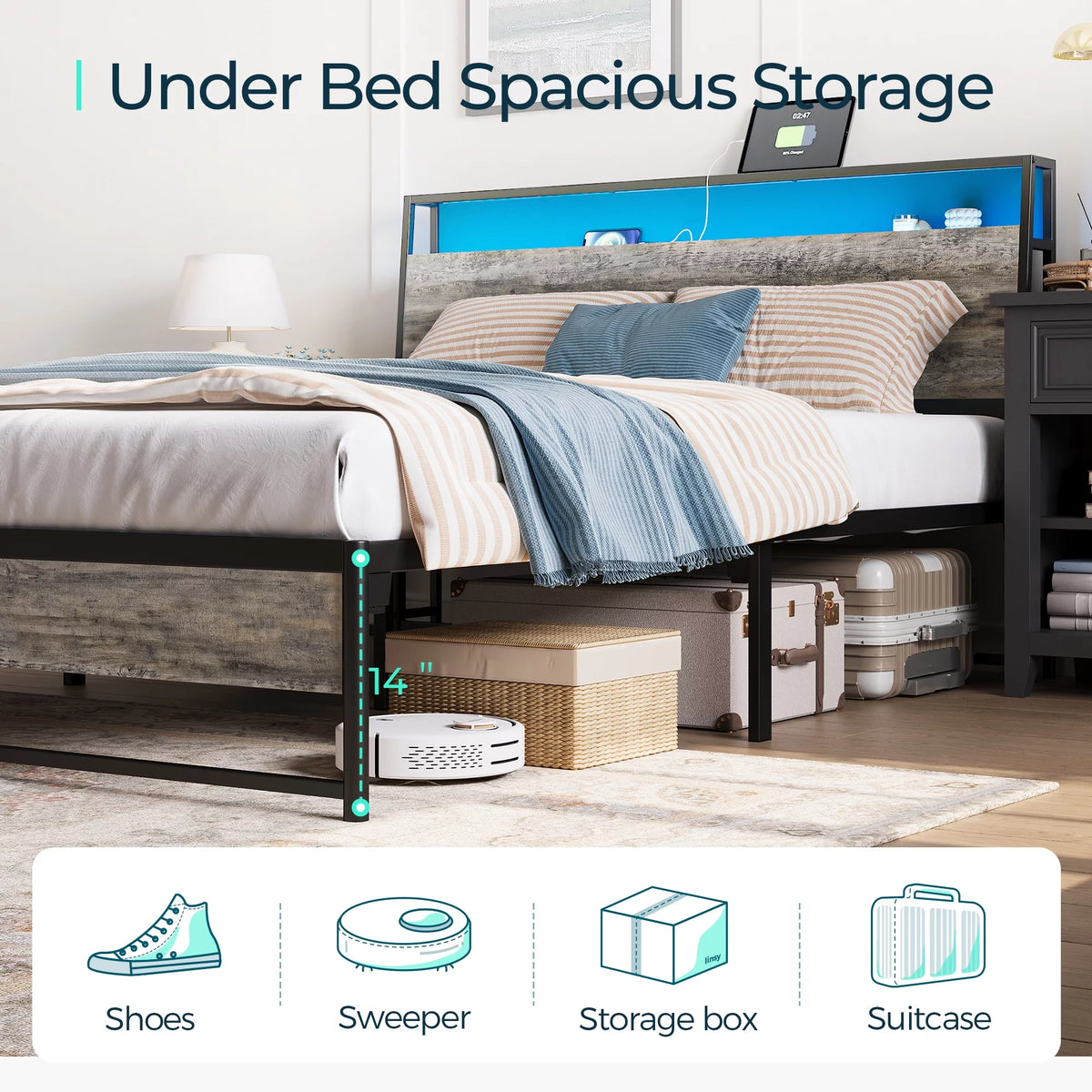 Full Size Metal Platform Bed Frame with Headboard and 3 Storage Shelves X702149