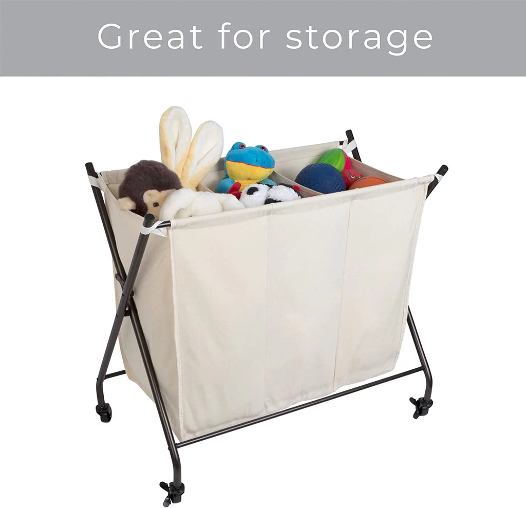 3 Compartment Rolling Canvas Laundry Sorter Hamper with Wheels V9195