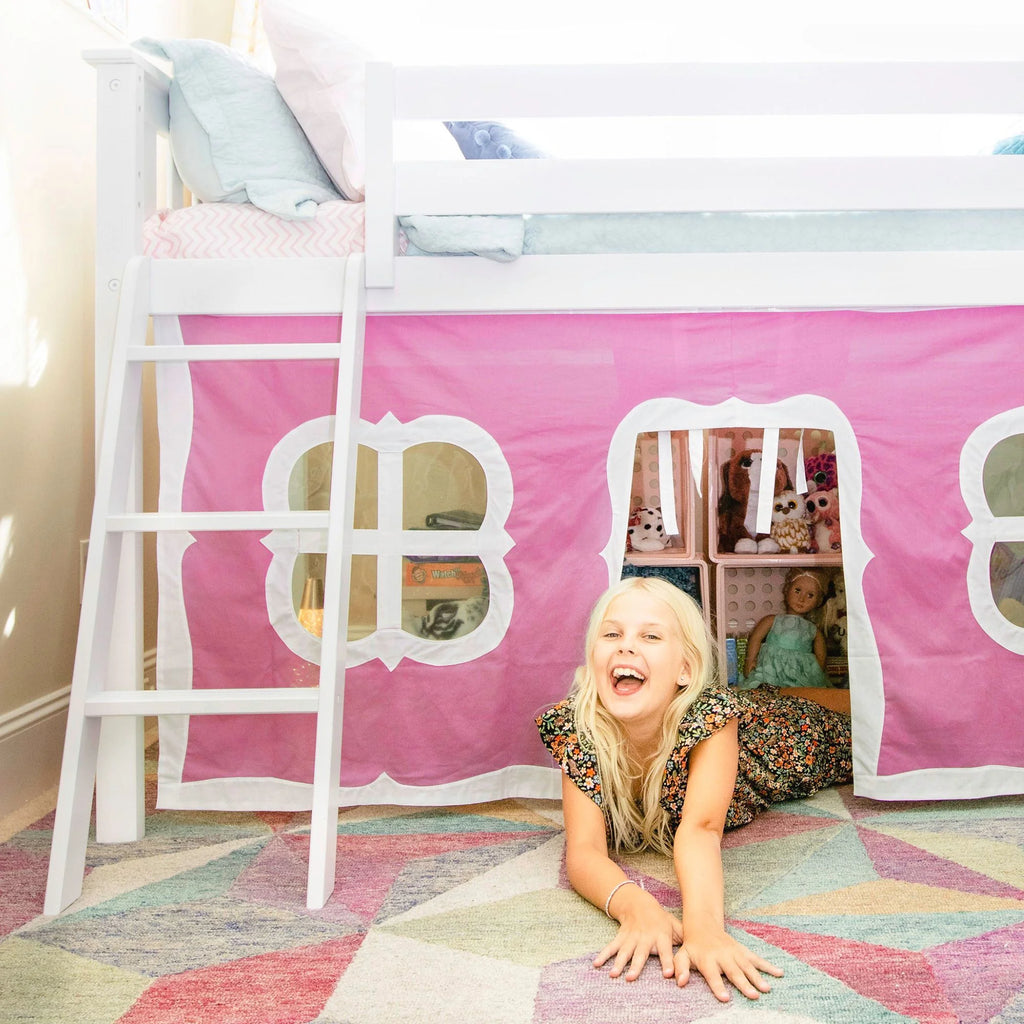 Twin Low Loft Wood Bunk Bed with Slide and Pink Curtain Q893