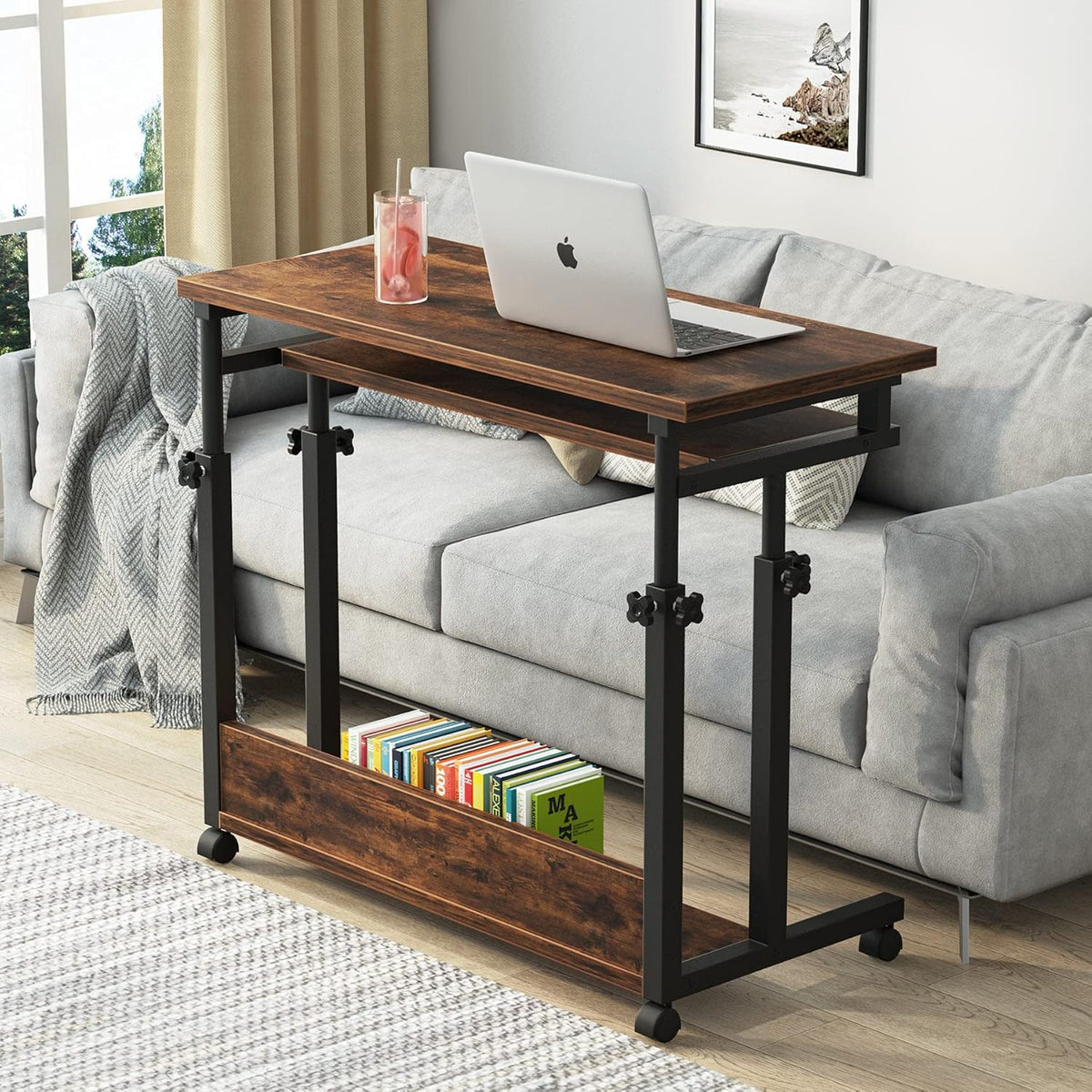 Black Height Adjustable Rolling Computer Desk with Keyboard Tray F495