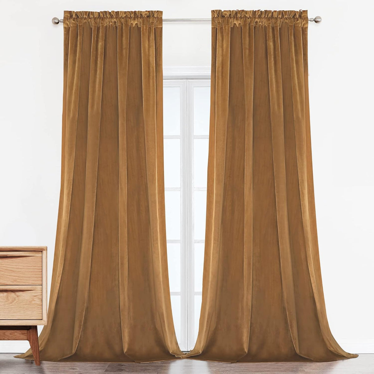 Camel Velvet Room Darkening Curtains, 2 Panels H832362