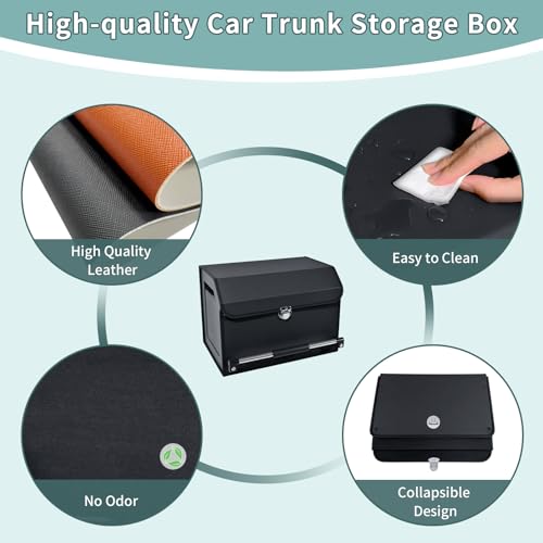 Car Organizer Trunk, Durable Collapsible Leather Trunk Organizer with Lid and Sturdy Handle, Auto Cargo Storage Compartments (11.4 x 27 x 12.2, Black) B958076