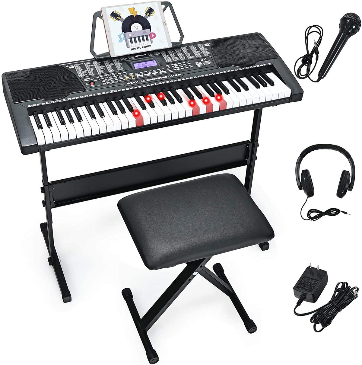 61-Key Electronic Keyboard Piano with Lighted Keys, Built-in Speakers, Headphones, Adjustable Stand I9791