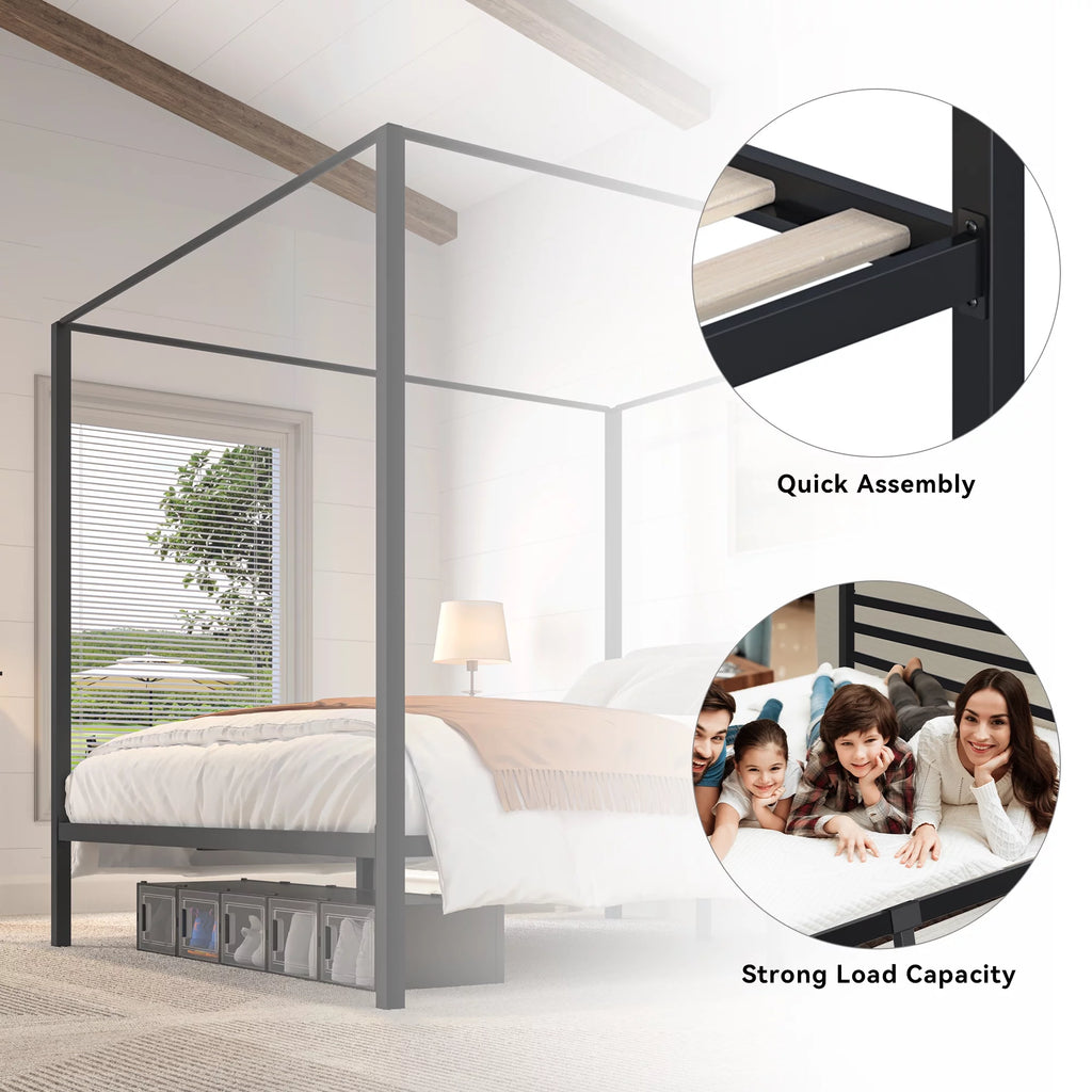 King Size Black Canopy Bed Frame with Headboard X20857