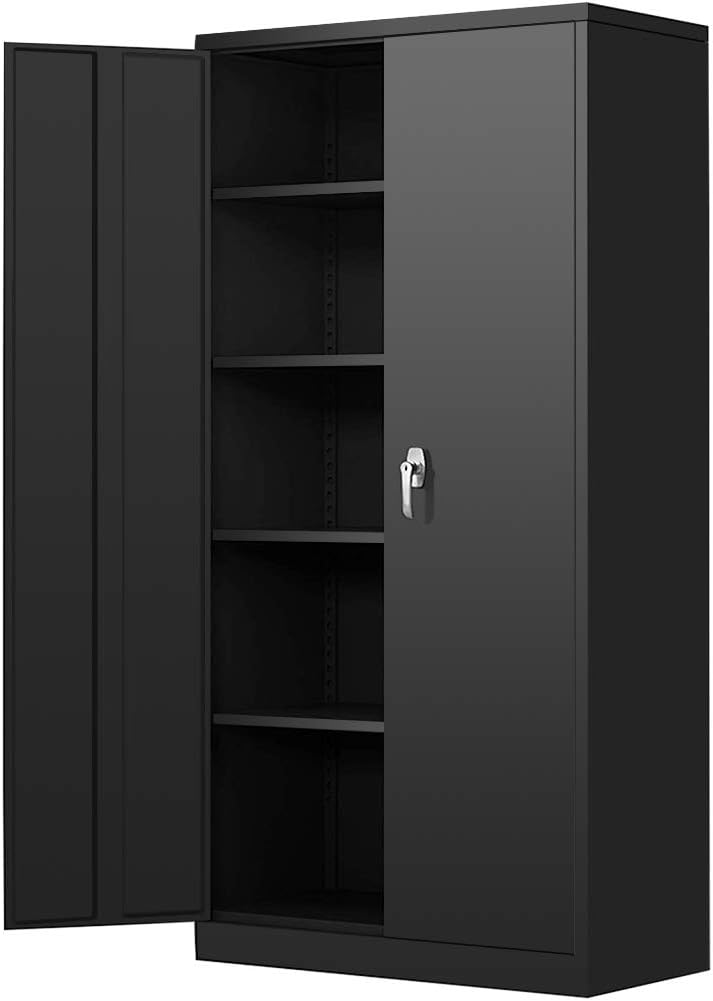 Black Locking Metal Storage Cabinet with 4 Adjustable Shelves A152231