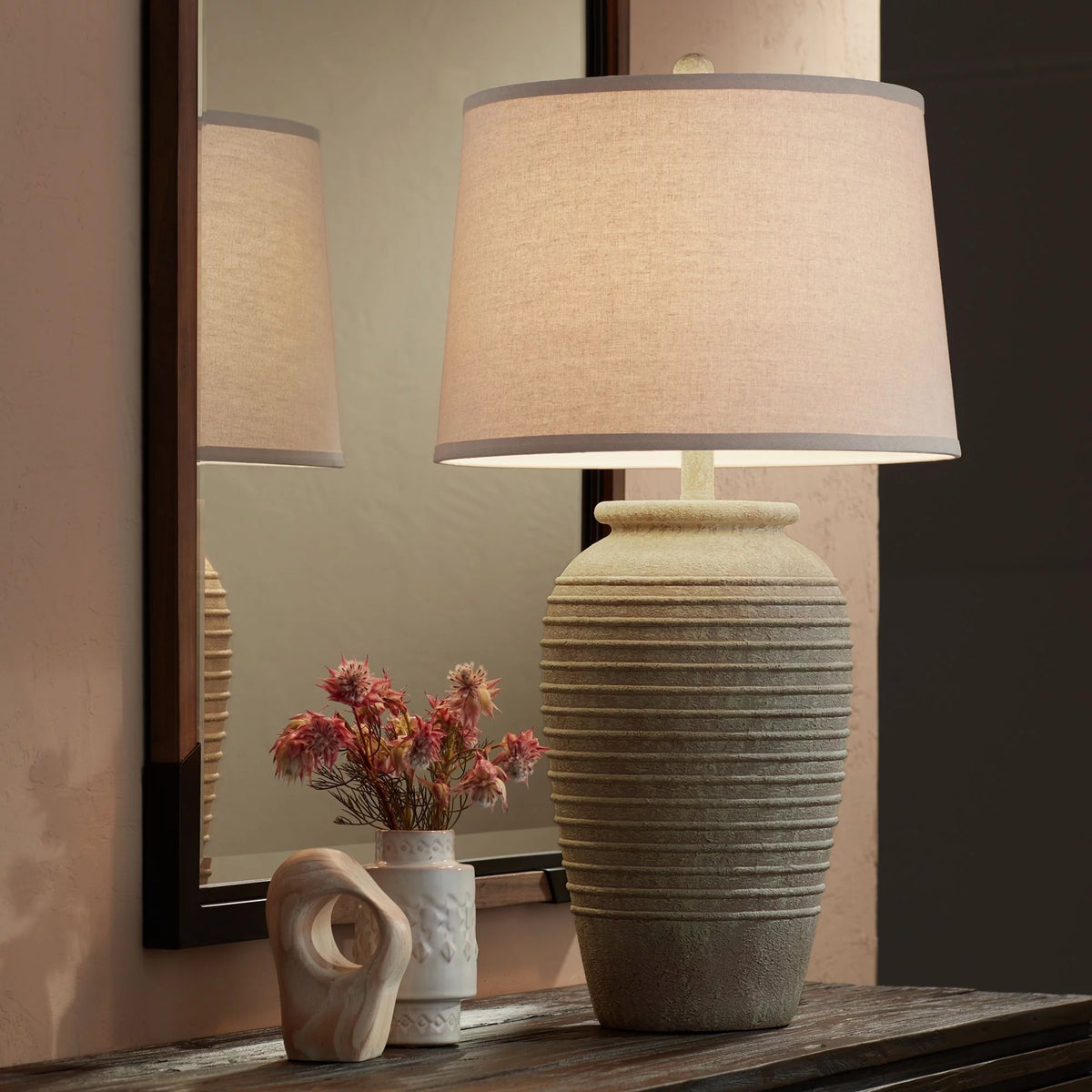 28" Tall Table Lamp with Cream Linen Drum Shade C407