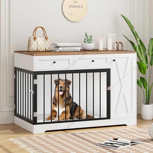 White Wooden Dog Crate with Double Doors and 2 Drawers V709