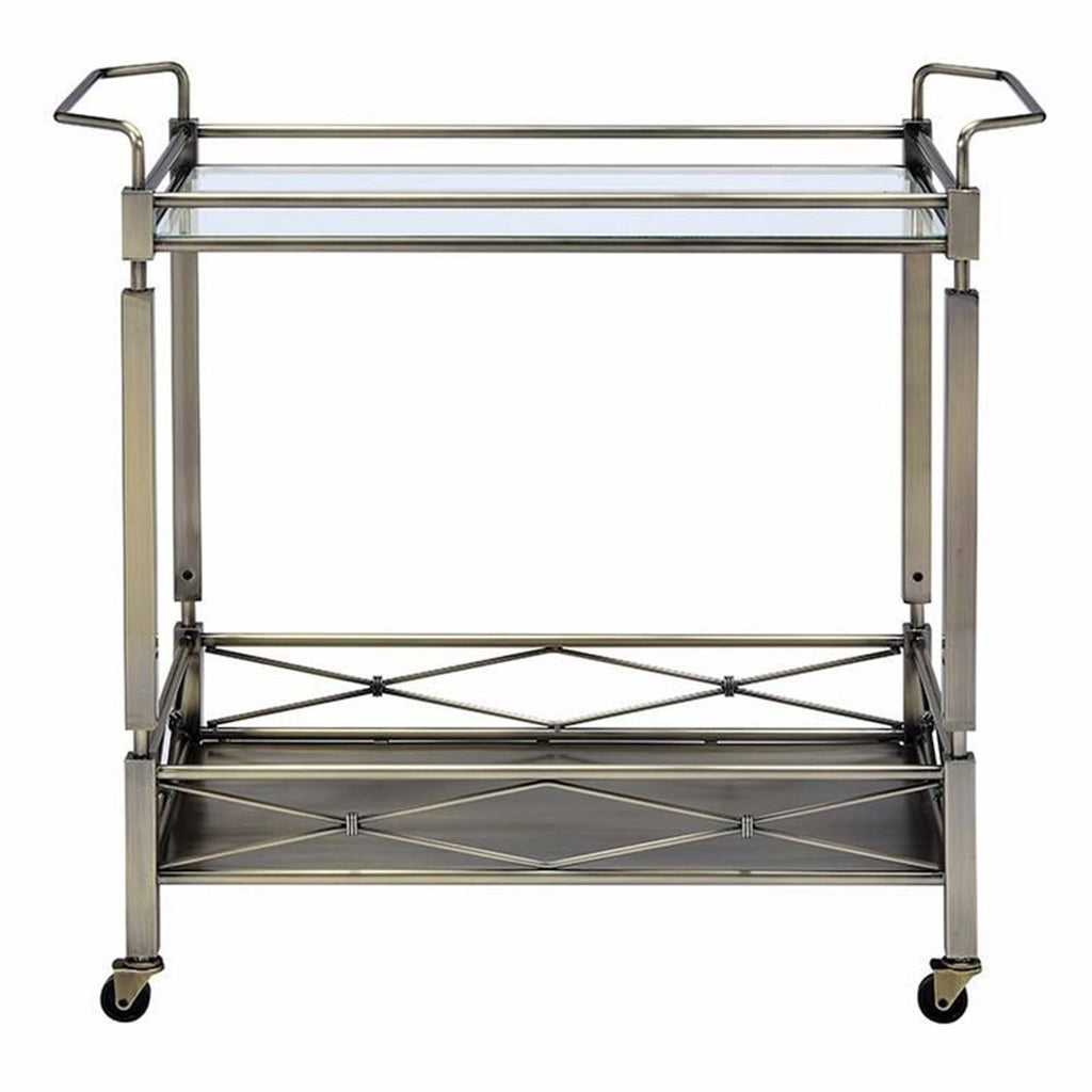Antique Gold Two Tiered Metal Serving Cart with Glass Shelves U492553