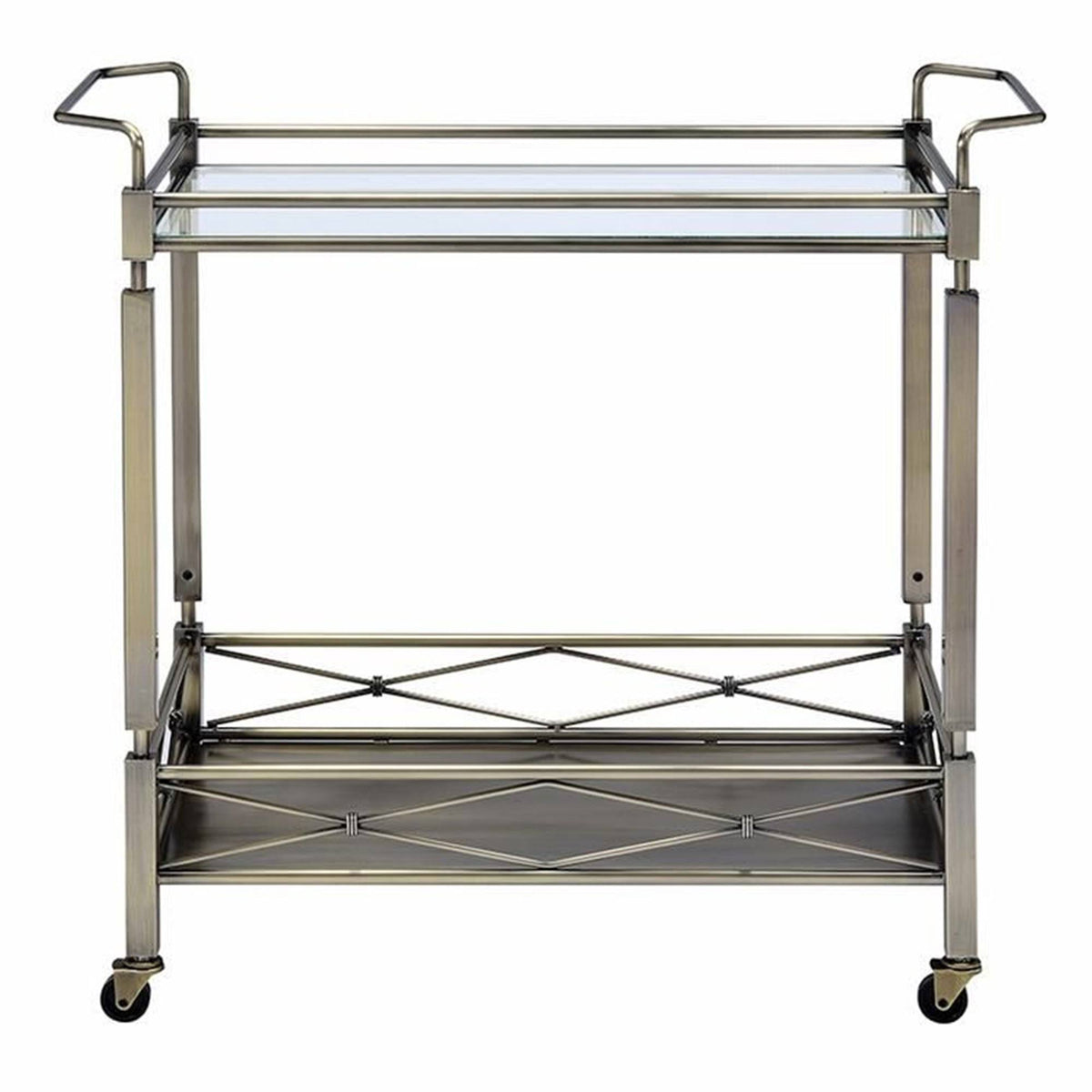 Antique Gold Two Tiered Metal Serving Cart with Glass Shelves U492553