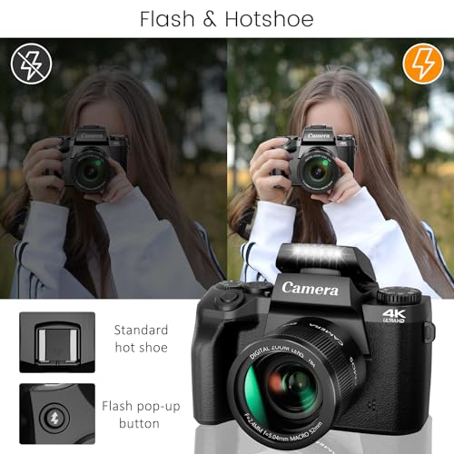 4K 64MP WiFi Touch Screen Digital Camera with Flash, 32GB SD Card, Lens Hood, 3000mAH Battery - Black S518