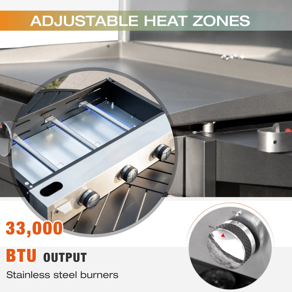 3-Burners Gas Griddle Portable Flat Table Top BBQ Grill 33,000 BTU R406
