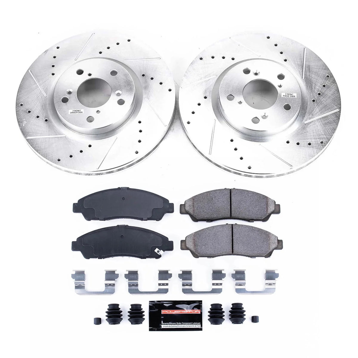 Front Brake Kit with Drilled Slotted Rotors and Ceramic Brake Pads Z192721