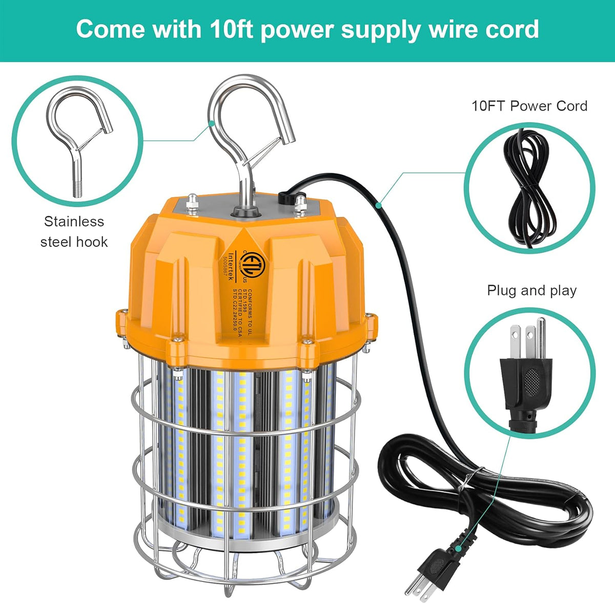 125W LED Temporary Work Light with 10' Cable Portable Hanging Construction Light IP65 B13178