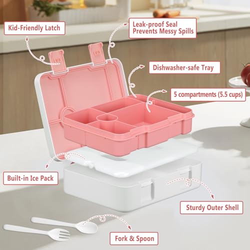 Kids 5 Compartment Leak-Proof Bento Lunch Box with Ice Pack and Utensils K448
