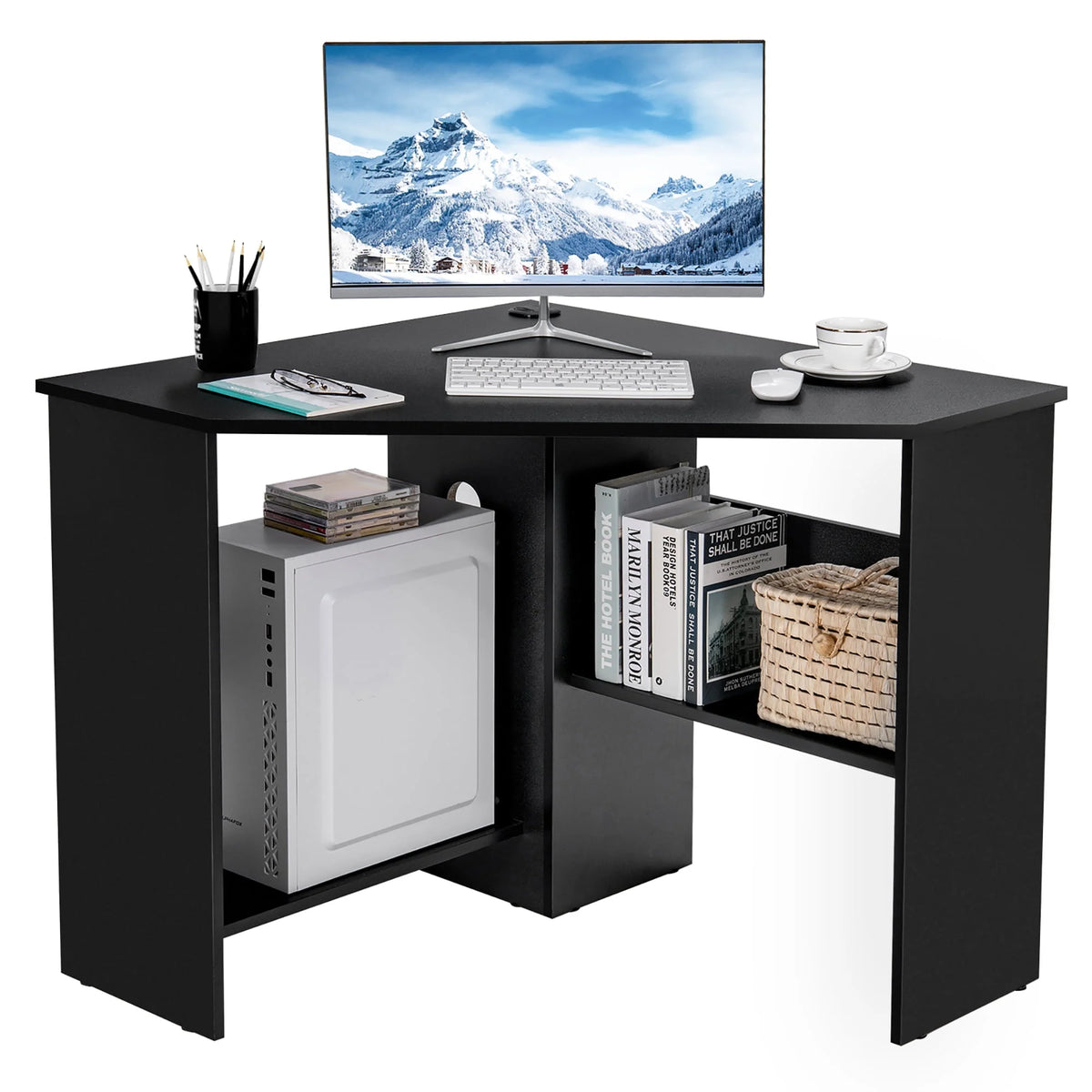 Corner Computer Desk with Storage Shelf White A728436