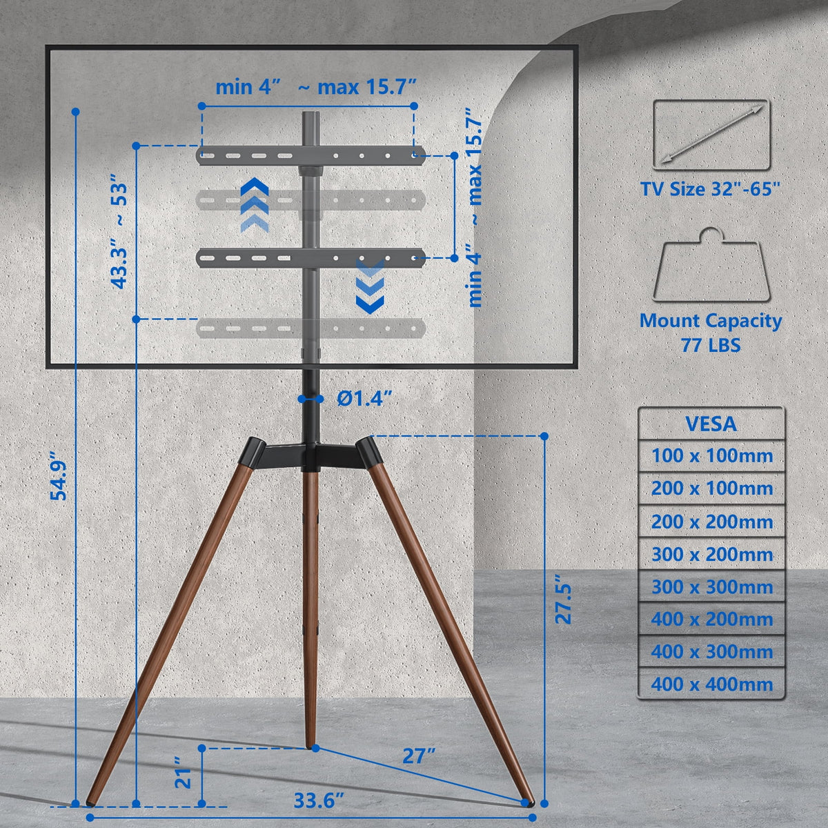 Adjustable Tripod Floor TV Stand with Mount for 32" to 65" Flat Screen TVs, Brown A897666