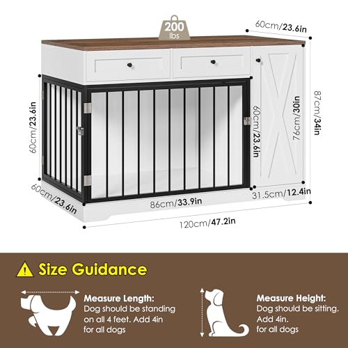 White Wooden Dog Crate with Double Doors and 2 Drawers V709