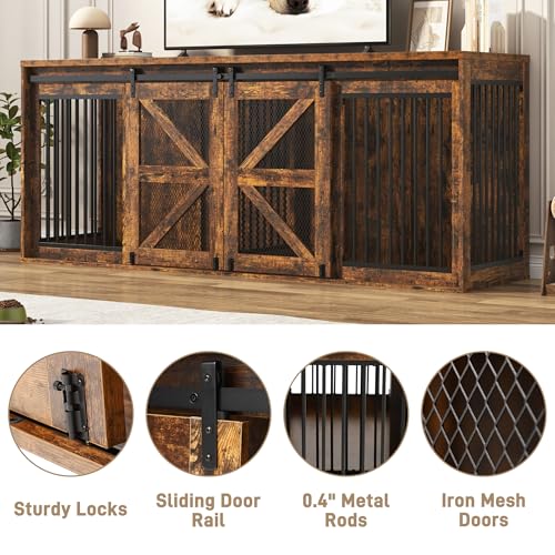 Black Wooden Dog Crate TV Stand with Sliding Metal Mesh Barn Door J541241