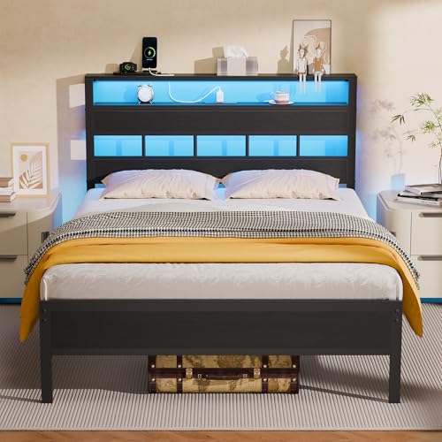 Full Size Black Oak Bed Frame with Storage Headboard and Charging Station Q352664