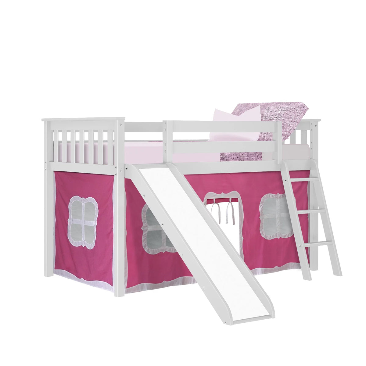 Twin Low Loft Wood Bunk Bed with Slide and Pink Curtain Q893