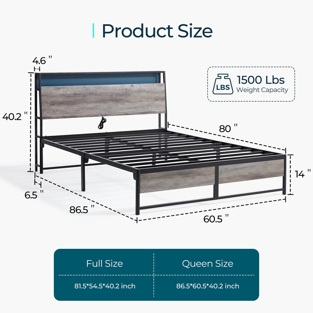 Full Size Metal Platform Bed Frame with Headboard and 3 Storage Shelves X702149