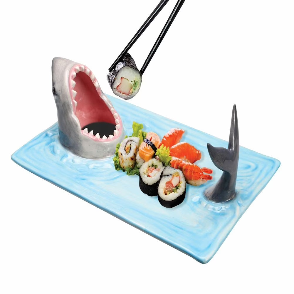 Shark Attack Sushi Plate, Hand-Painted Ceramic Serving Tray with Soy Sauce Holder and Chopsticks Rest Q80606