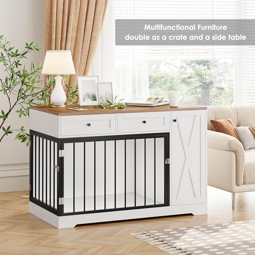 White Wooden Dog Crate with Double Doors and 2 Drawers V709
