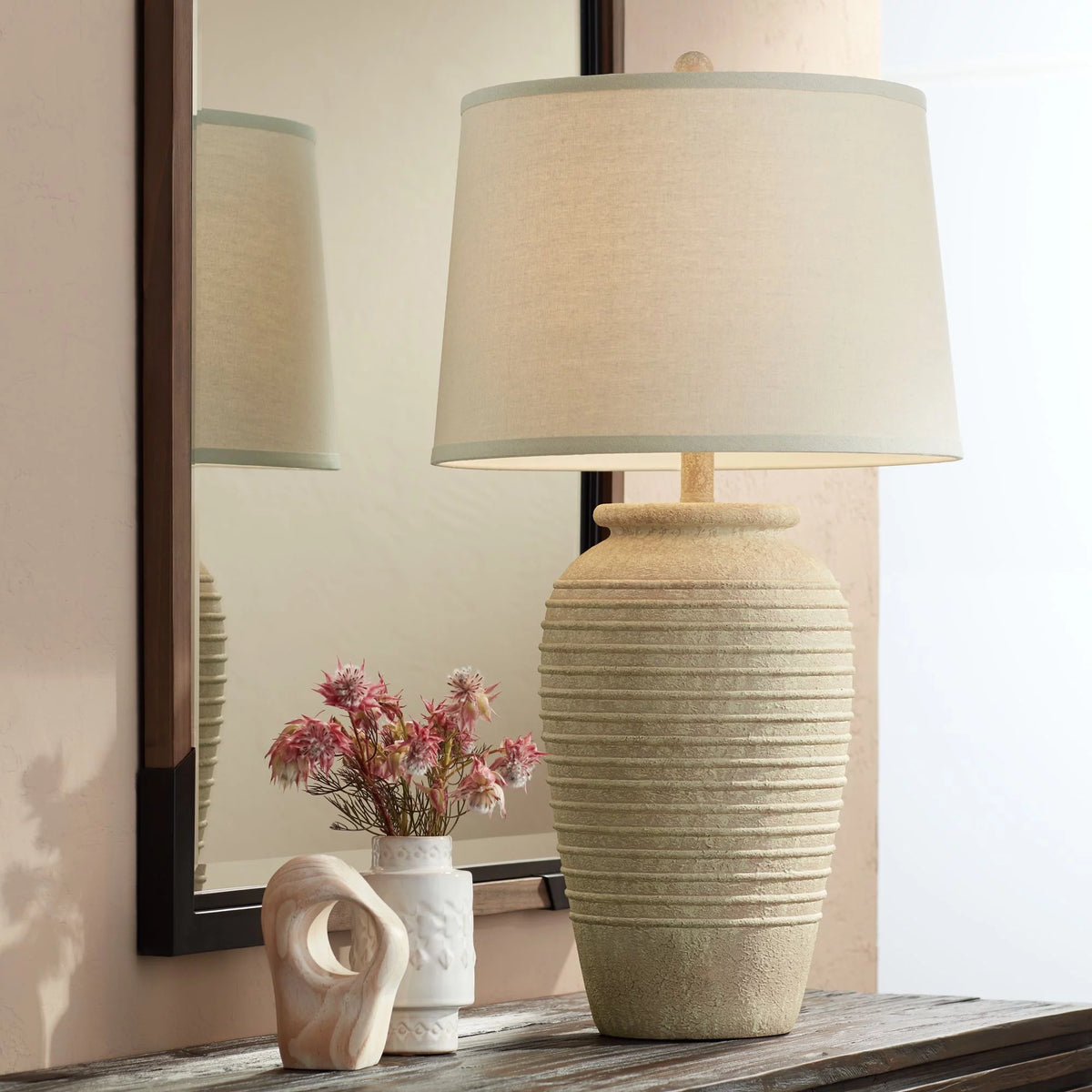 28" Tall Table Lamp with Cream Linen Drum Shade C407