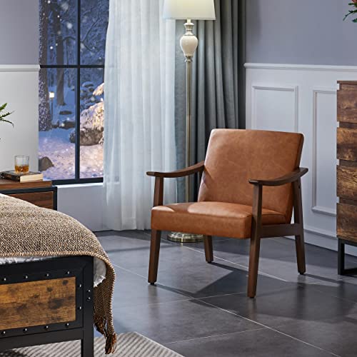 Brown PU Leather Accent Chair with Solid Wood Legs G5669