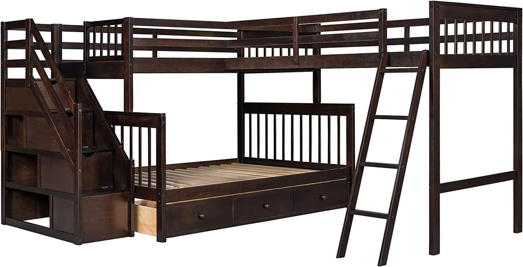 Twin Over Full L-Shaped Triple Bunk Bed with 3 Storage Drawers and Stairs I30393