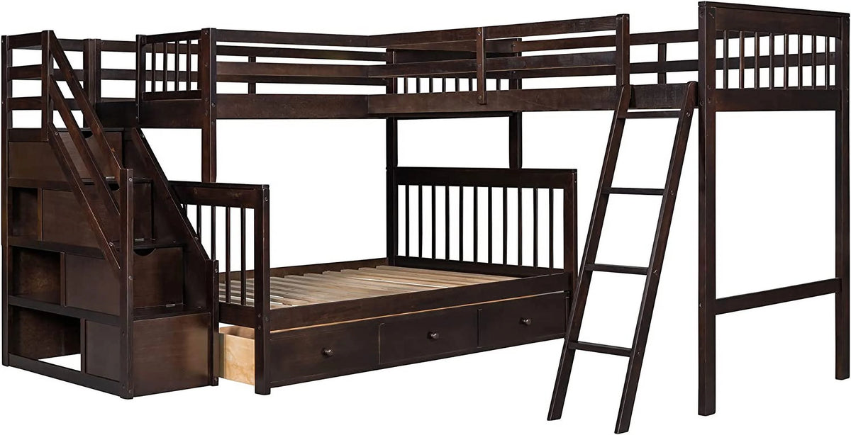Twin Over Full L-Shaped Triple Bunk Bed with 3 Storage Drawers and Stairs I30393