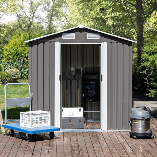 8 x 6FT Grey Metal Outdoor Storage Shed with Sliding Door N1916