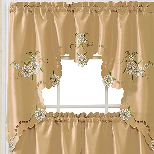 Bronze Faux Silk Kitchen Curtain Set with Cutwork Floral L77523