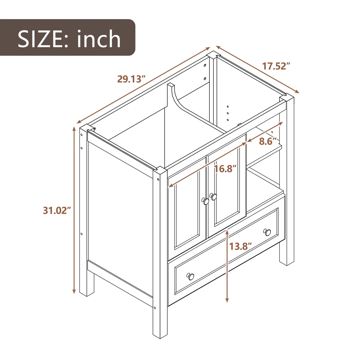 30" Brown Solid Wood Bathroom Vanity Base Only M2149