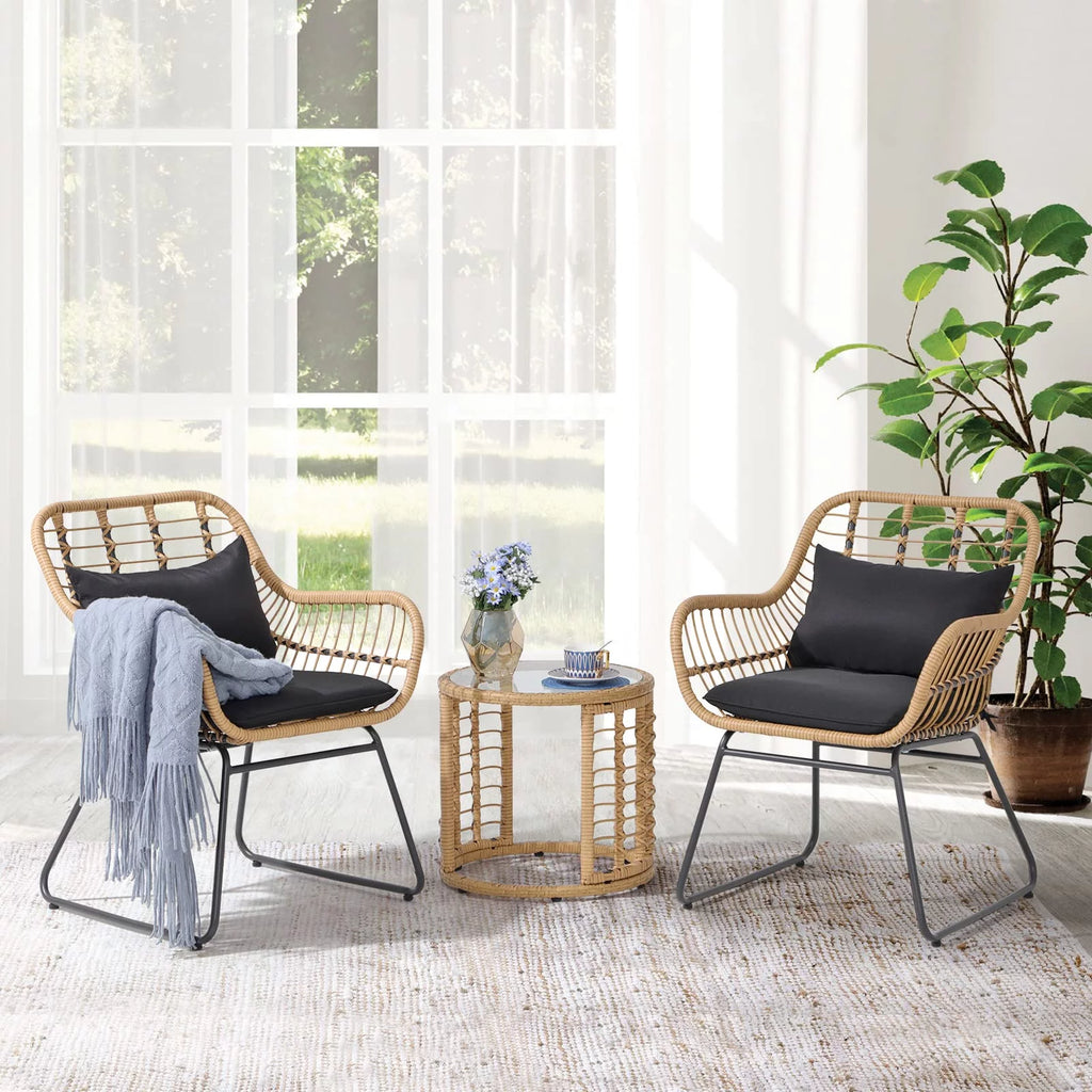 3-Piece Outdoor Wicker Bistro Set with Glass Top Coffee Table I41946