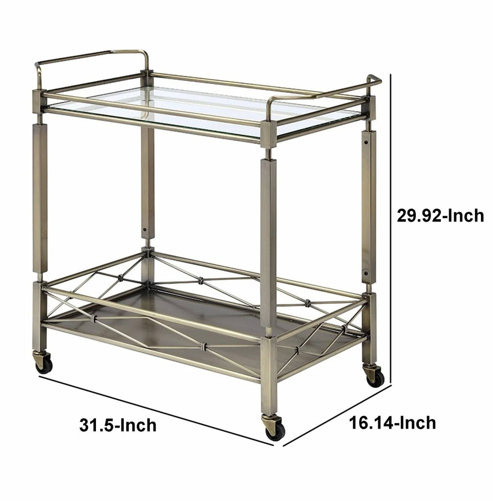 Antique Gold Two Tiered Metal Serving Cart with Glass Shelves U492553