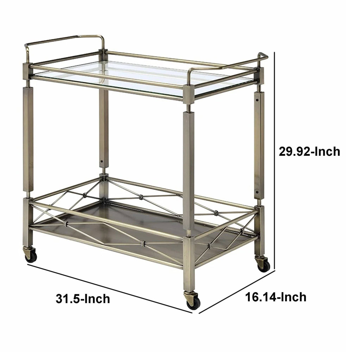 Antique Gold Two Tiered Metal Serving Cart with Glass Shelves U492553